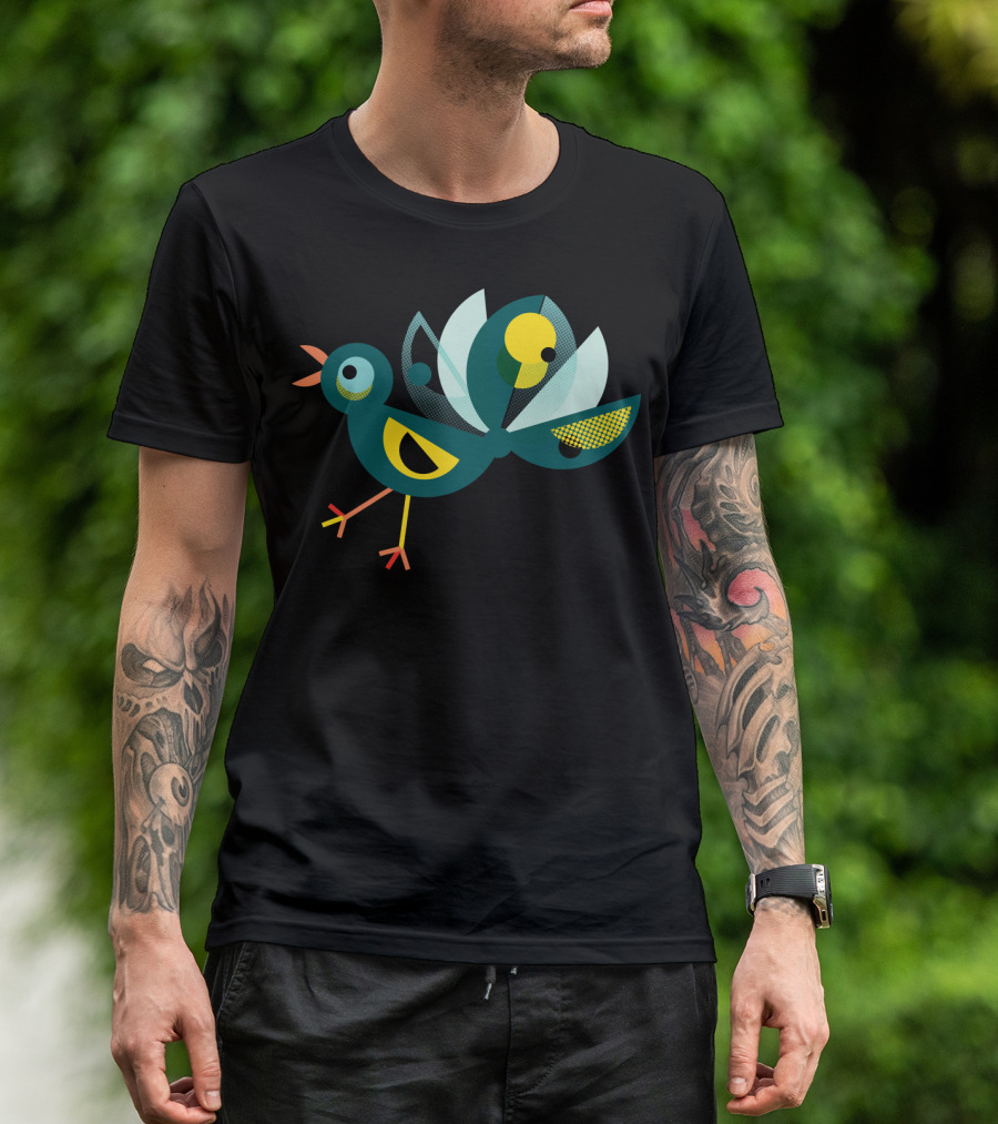 Stylized Geometric ModBird With Colorful Retro T-Shirt