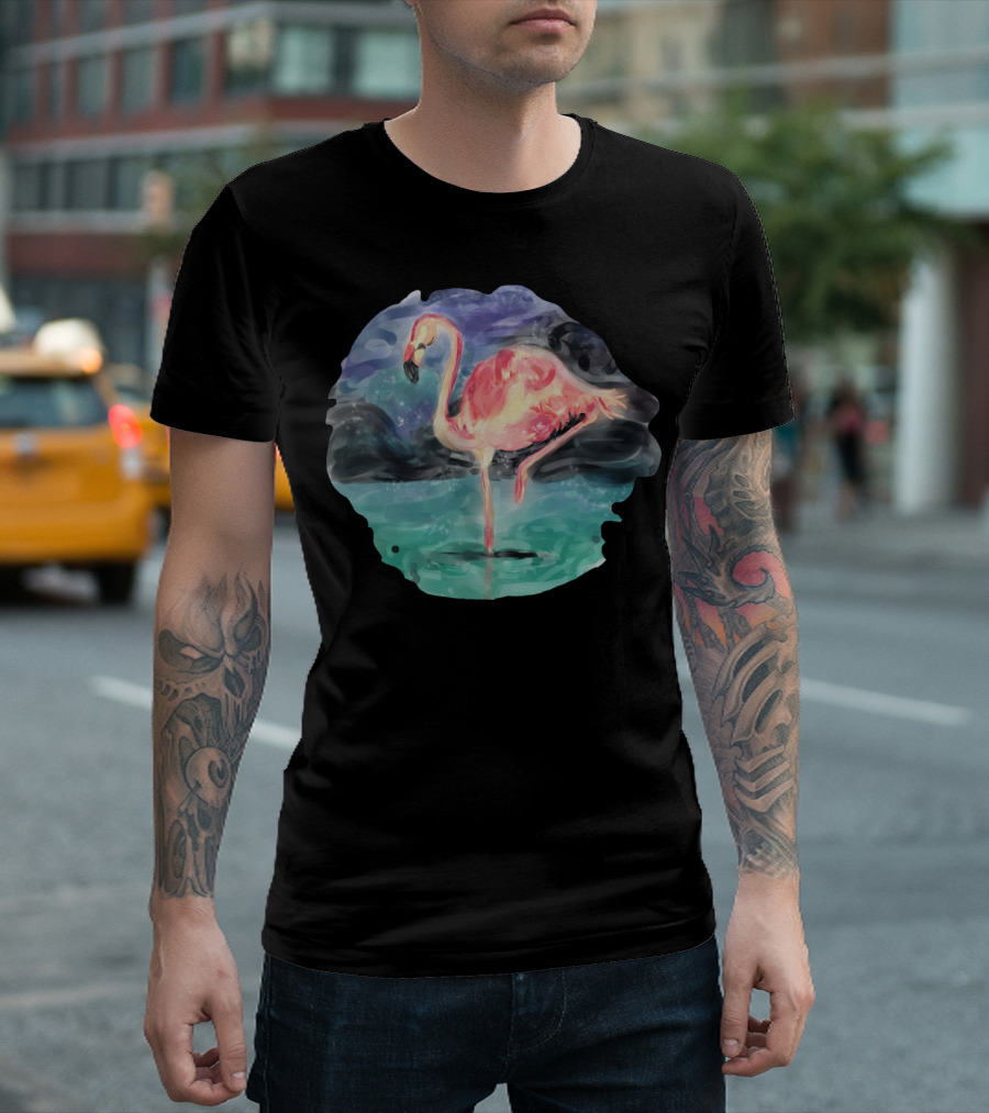 Flamingo Standing Gracefully on Water at Night with Cloudy Sky and Reflections T-Shirt