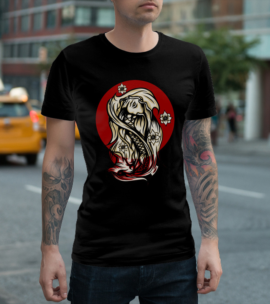 Traditional Japanese Tattoo Skull with Cherry Blossoms and Koi Fish Motif Against Red Sun Background T-Shirt