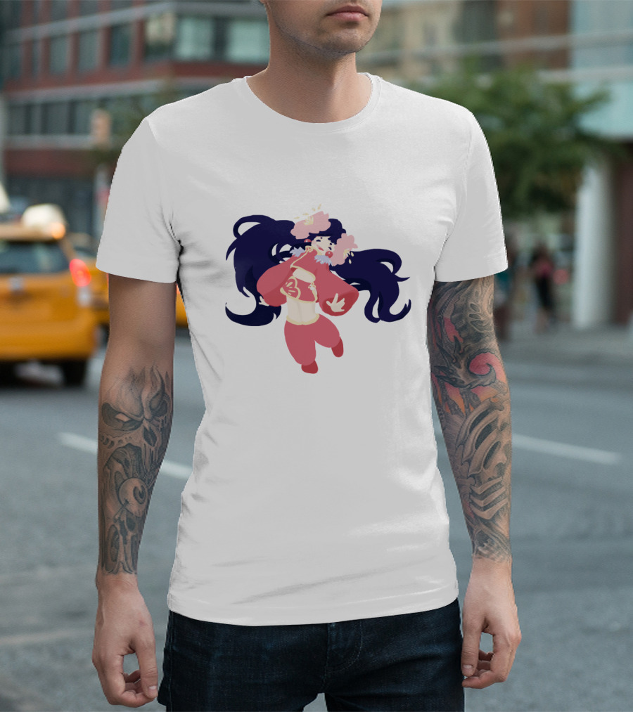 Peony Gal Anime Style Character with Pink Blossoms and Flowing Dark Hair T-Shirt