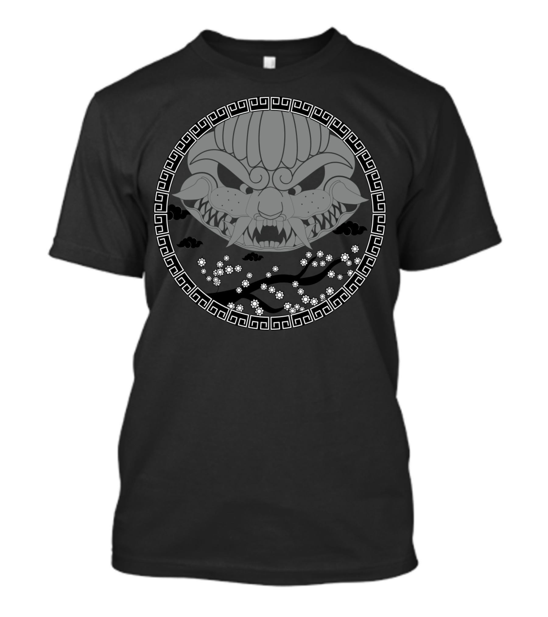 Lunar Foo Dog Ornament With Cherry Blossoms And Geometric Border Gray T-Shirt