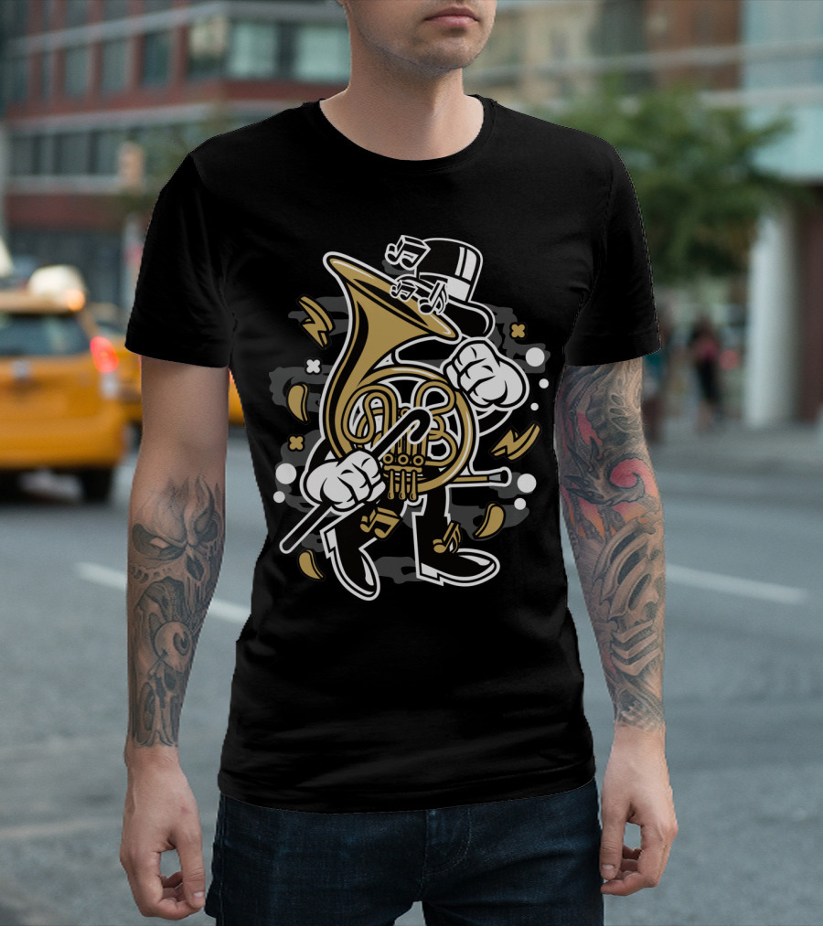 British Horn Musical Character with Top Hat and Notes T-Shirt