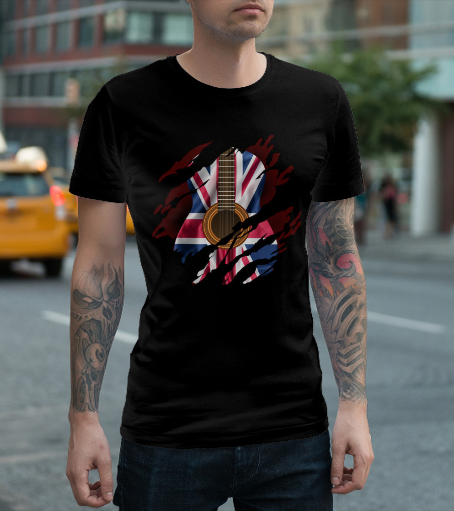 Union Jack Acoustic Guitar with British Flag Ripped Inside T-Shirt