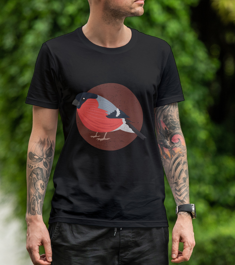 Bullfinch Bird Illustration With Red Plumage And Rust-Colored Circle Background T-Shirt