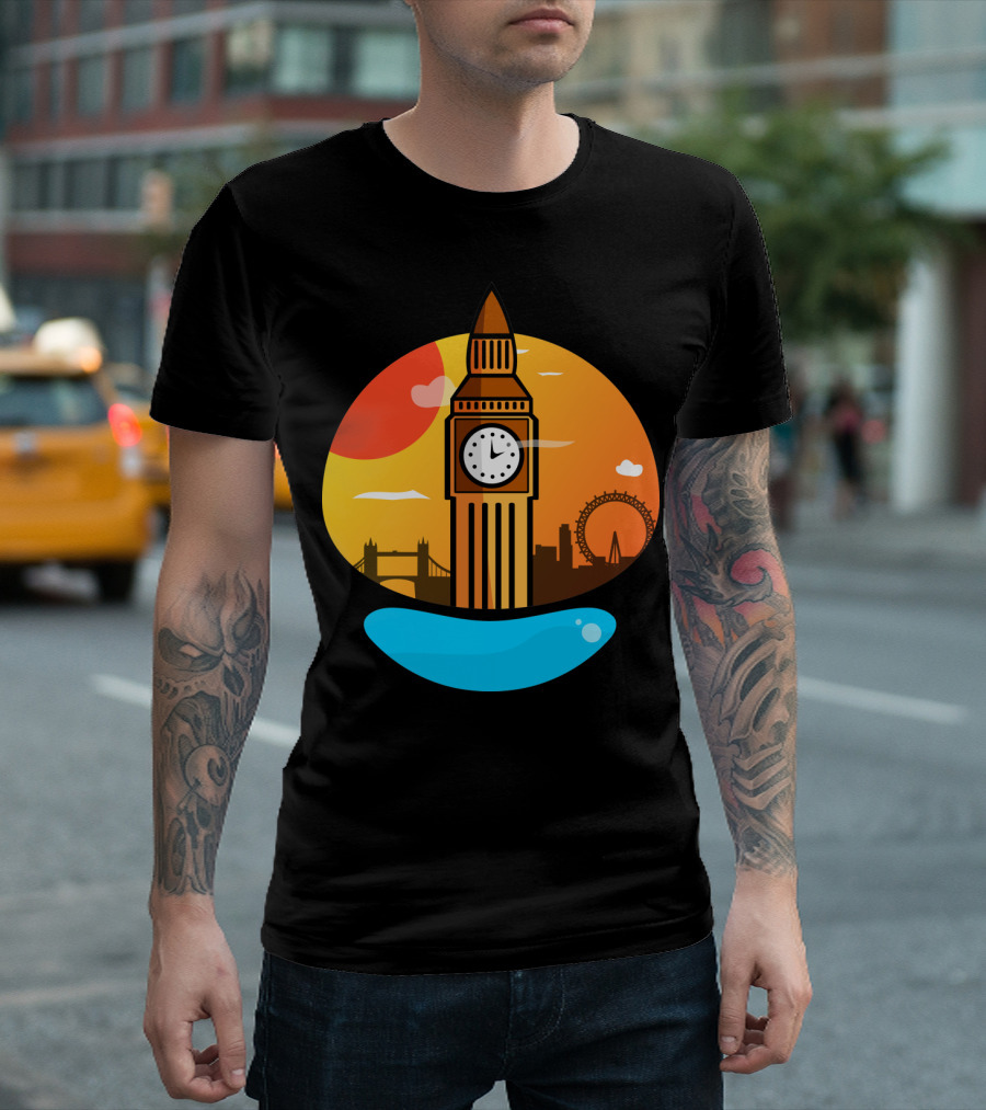 Big Ben Sunset Silhouette London Eye Tower Bridge Iconic Scene T-Shirt