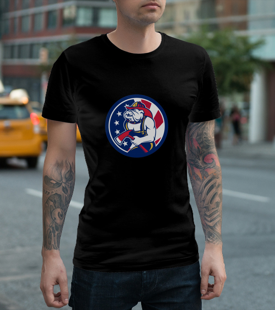 Bulldog Fireman with Axe and American Flag Background T-Shirt