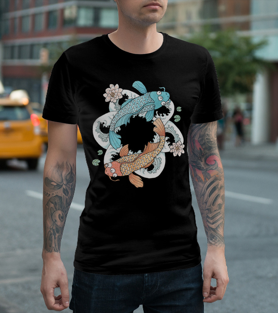 Kawaii Koi Fish in Yin Yang Wave Pattern with Flowers and Leaves T-Shirt