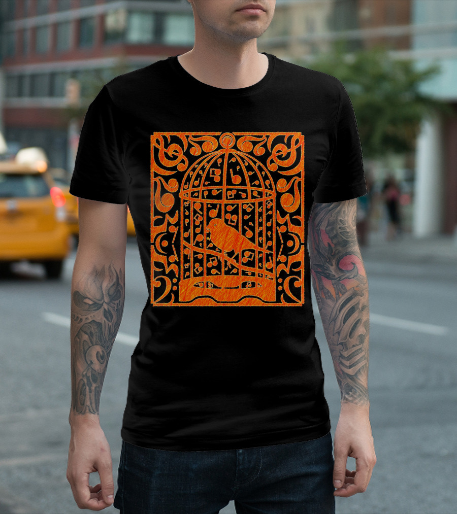 Canaria Bird In Ornate Music Note Cage With Intricate Flourishes T-Shirt