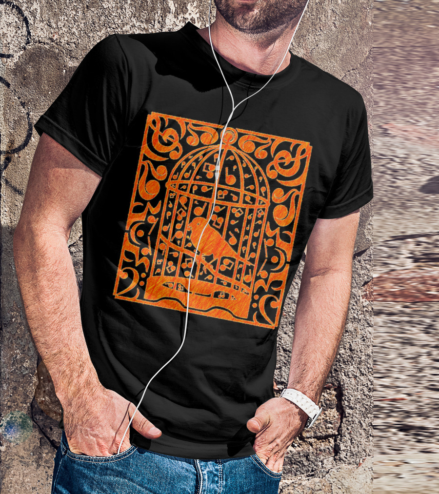 Canaria Bird In Ornate Music Note Cage With Intricate Flourishes T-Shirt
