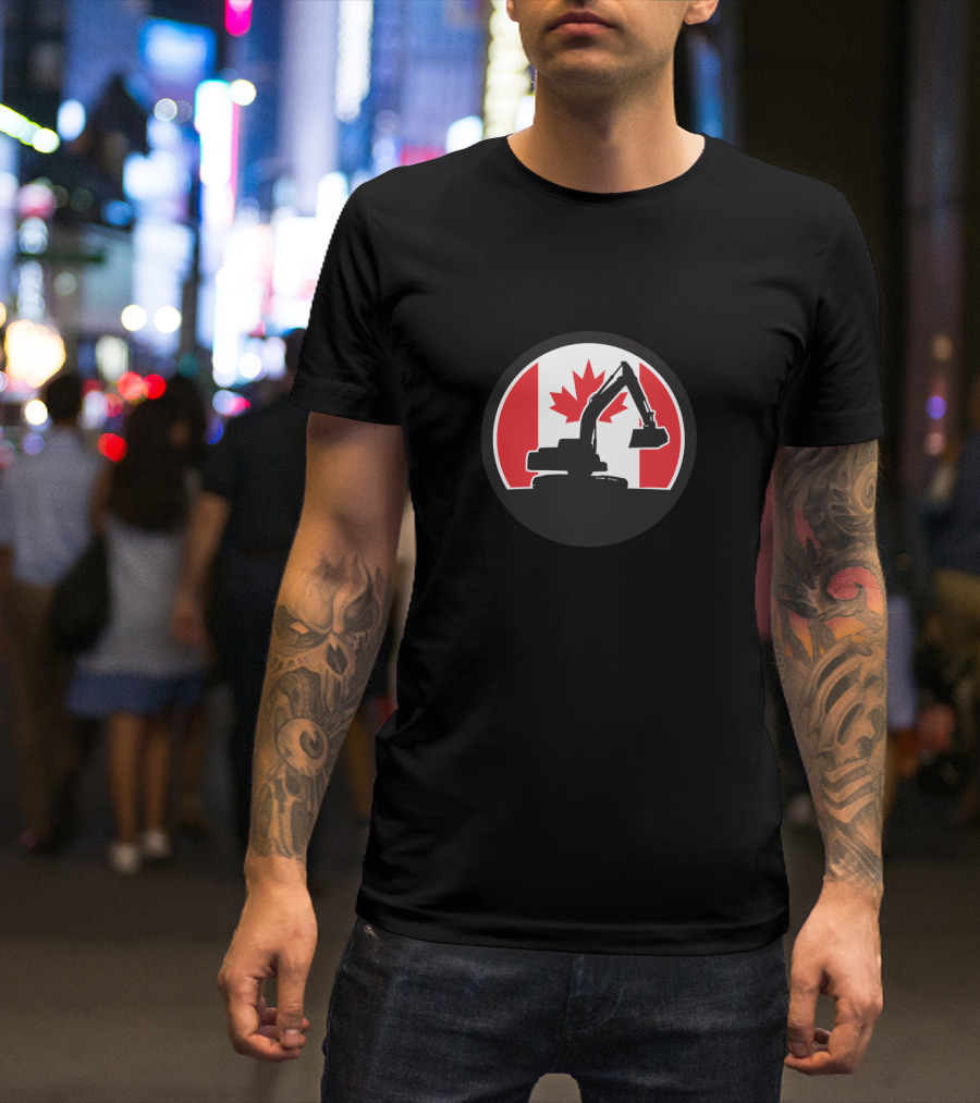 Canadian Excavator Silhouette Over Canada Flag With Maple Leaf T-Shirt
