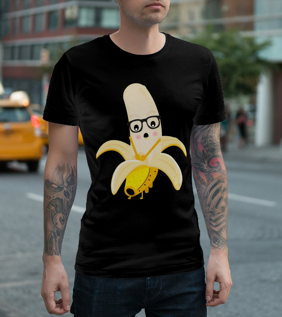Shy Banana Wearing Glasses Surprised Expression Cartoon T-Shirt