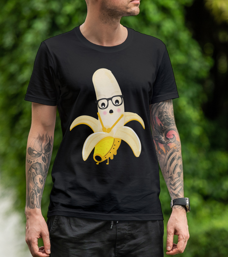 Shy Banana Wearing Glasses Surprised Expression Cartoon T-Shirt