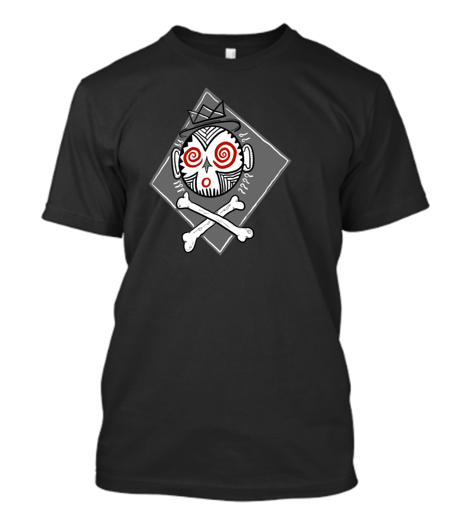 Hanuman Symbol With Spiral Eyes And Crossbones Inside Geometric Frame T-Shirt