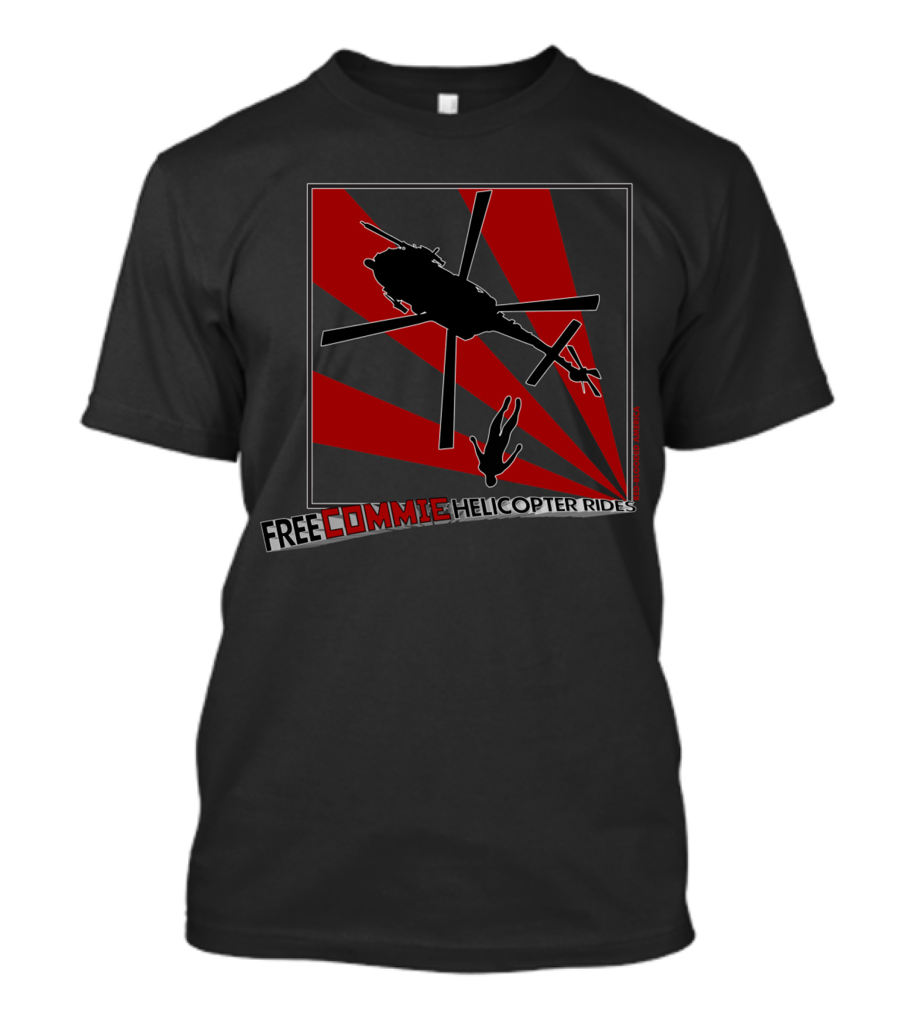 Free Commie Helicopter Rides Silhouette With Red And Black Starburst Background T-Shirt