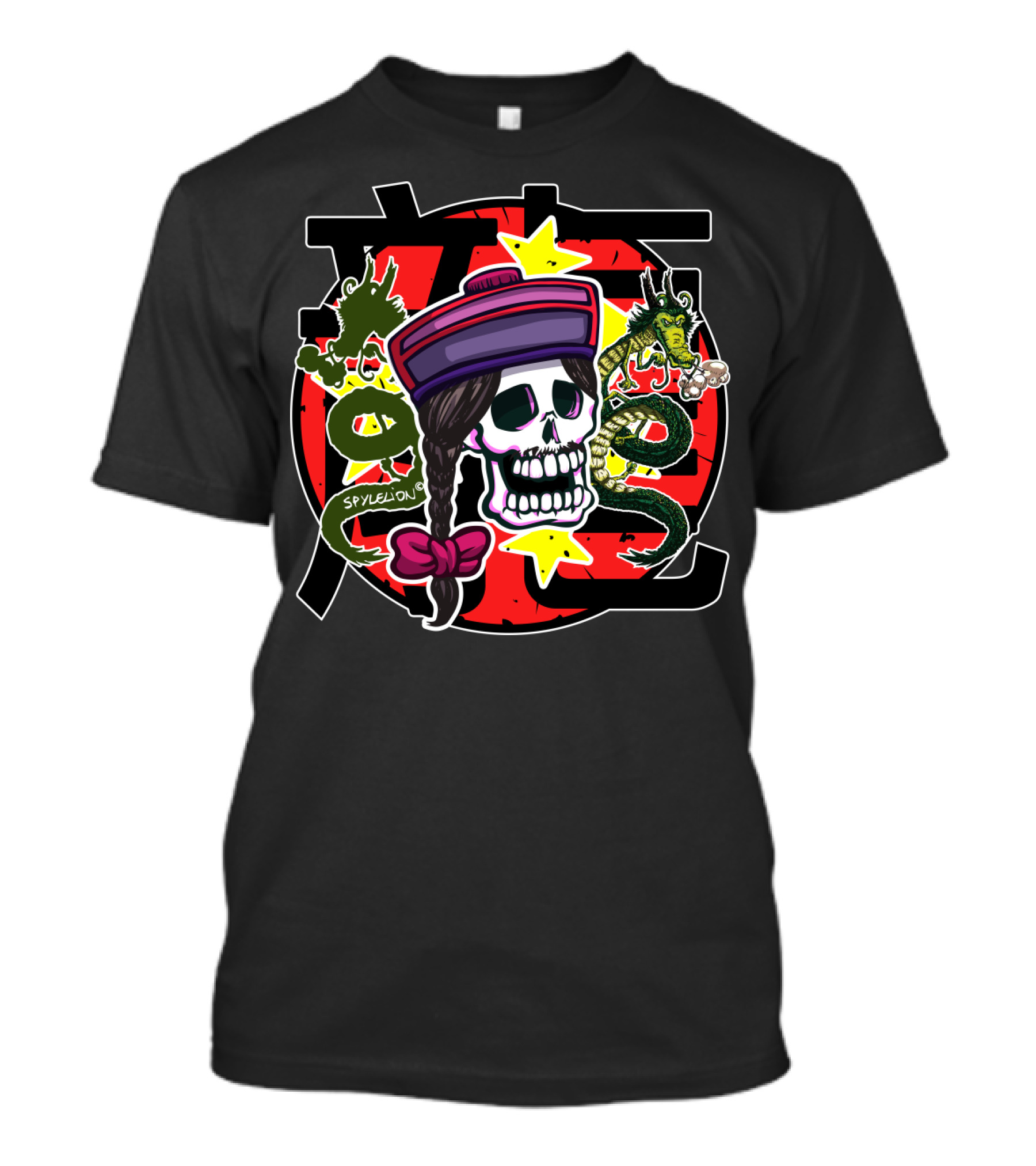 Skull With Chinese Symbols Dragon And Stars By Spyleljon T-Shirt