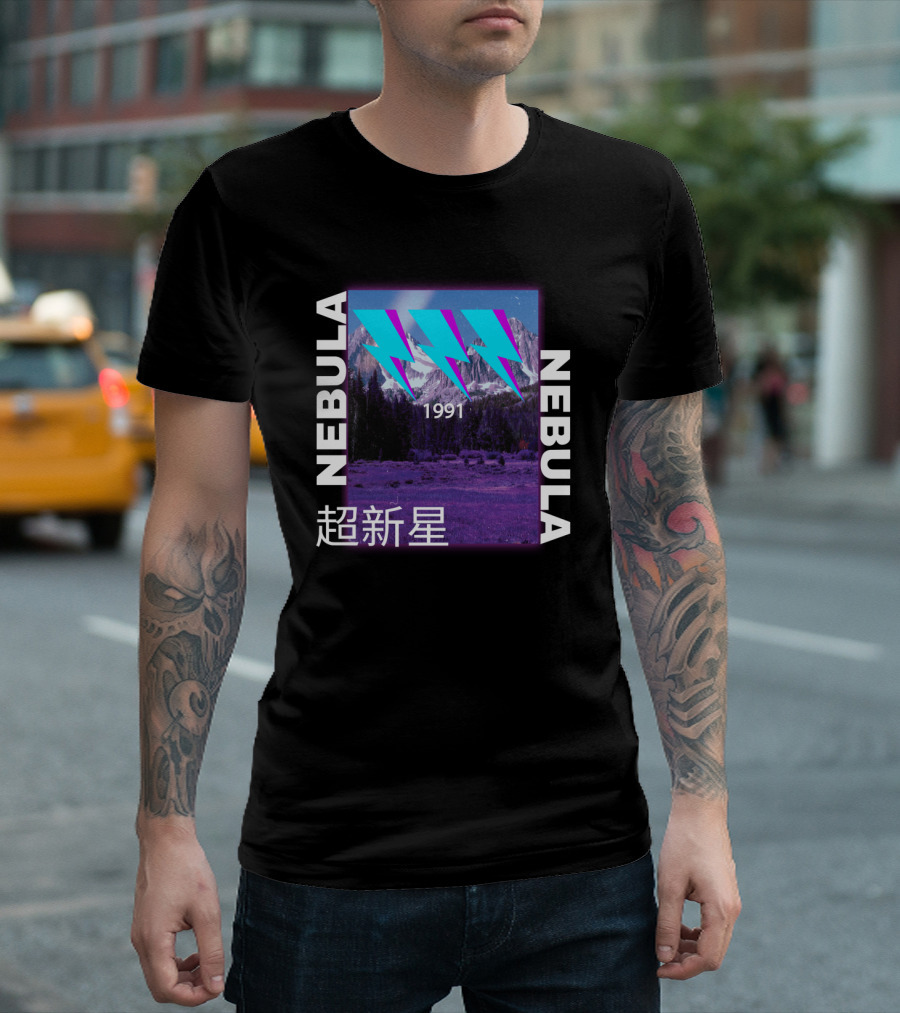 Nebula 1991 Ice Blue Lightning Over Mountain Scene T-Shirt