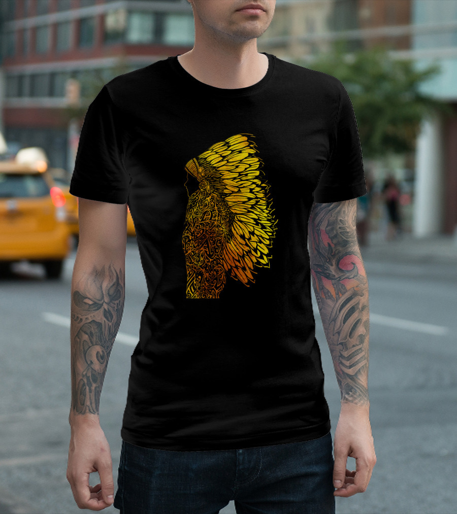 Gold Feathered Warrior Chief Tribal T-Shirt