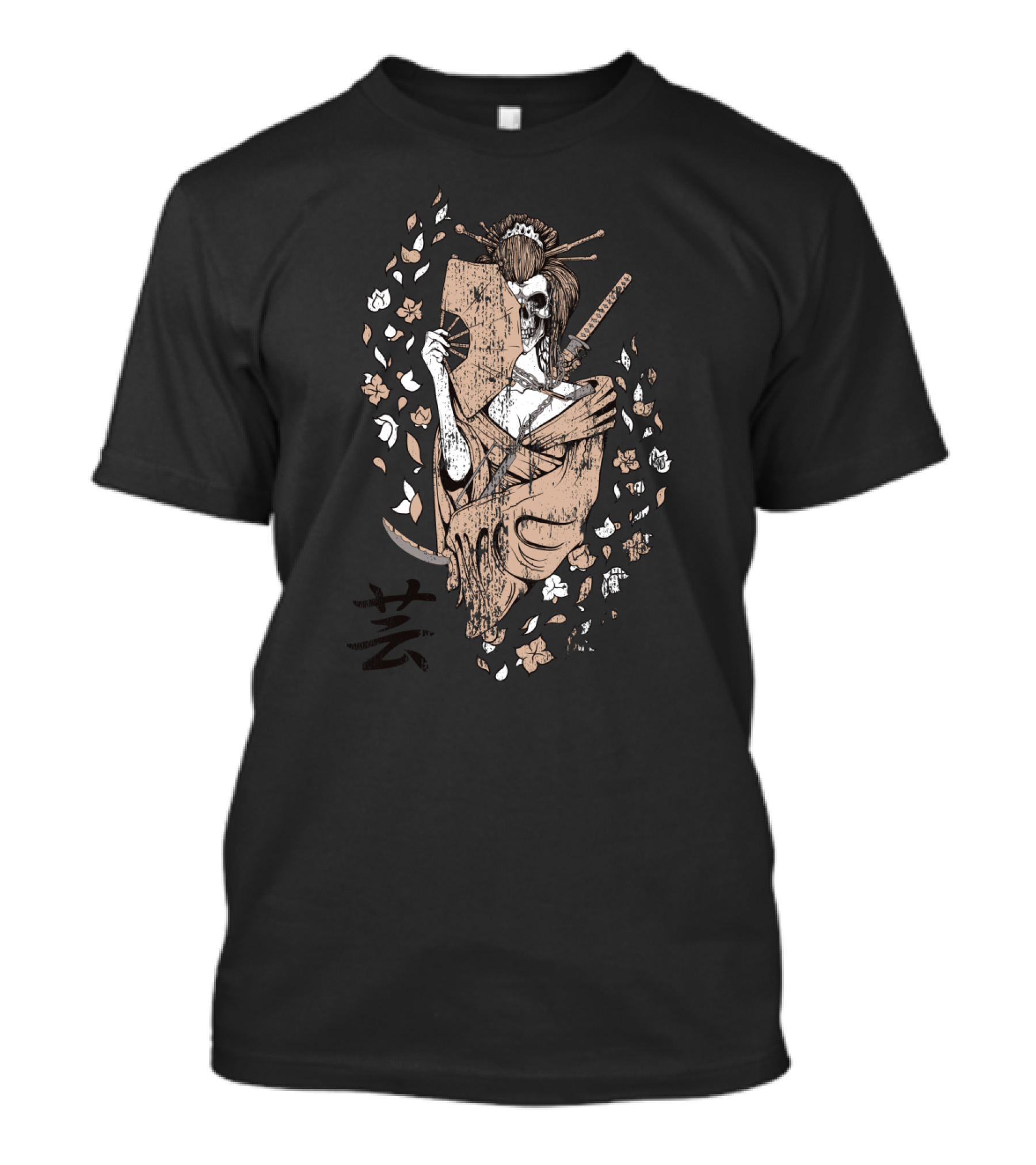 Deadly Geisha Skeleton With Katana And Floral Elements T-Shirt