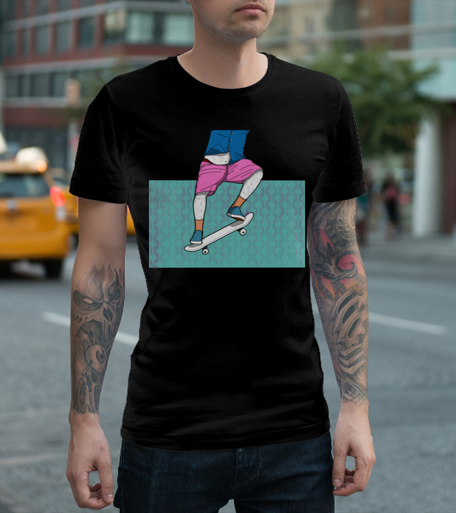 MoFrench Skateboarder in Blue Shirt and Pink Shorts Patterned Background T-Shirt