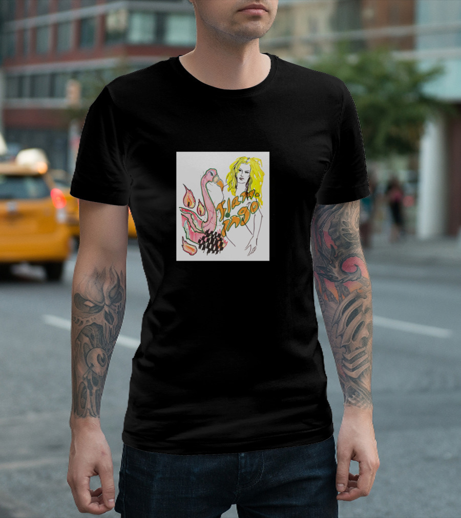 Flamingo and Flames with Yellow-Haired Person Sketch T-Shirt