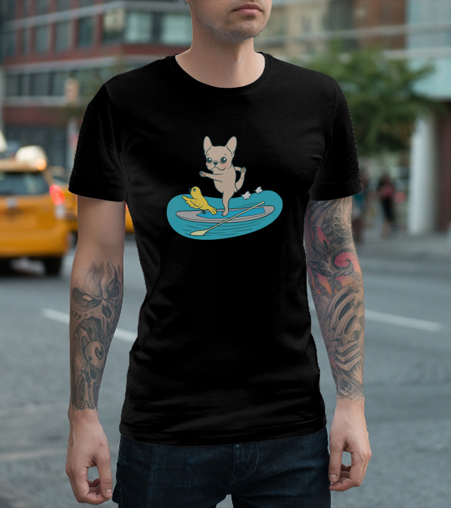 Frenchie Yoga Poses on Stand Up Paddle Board with Bird Companion T-Shirt