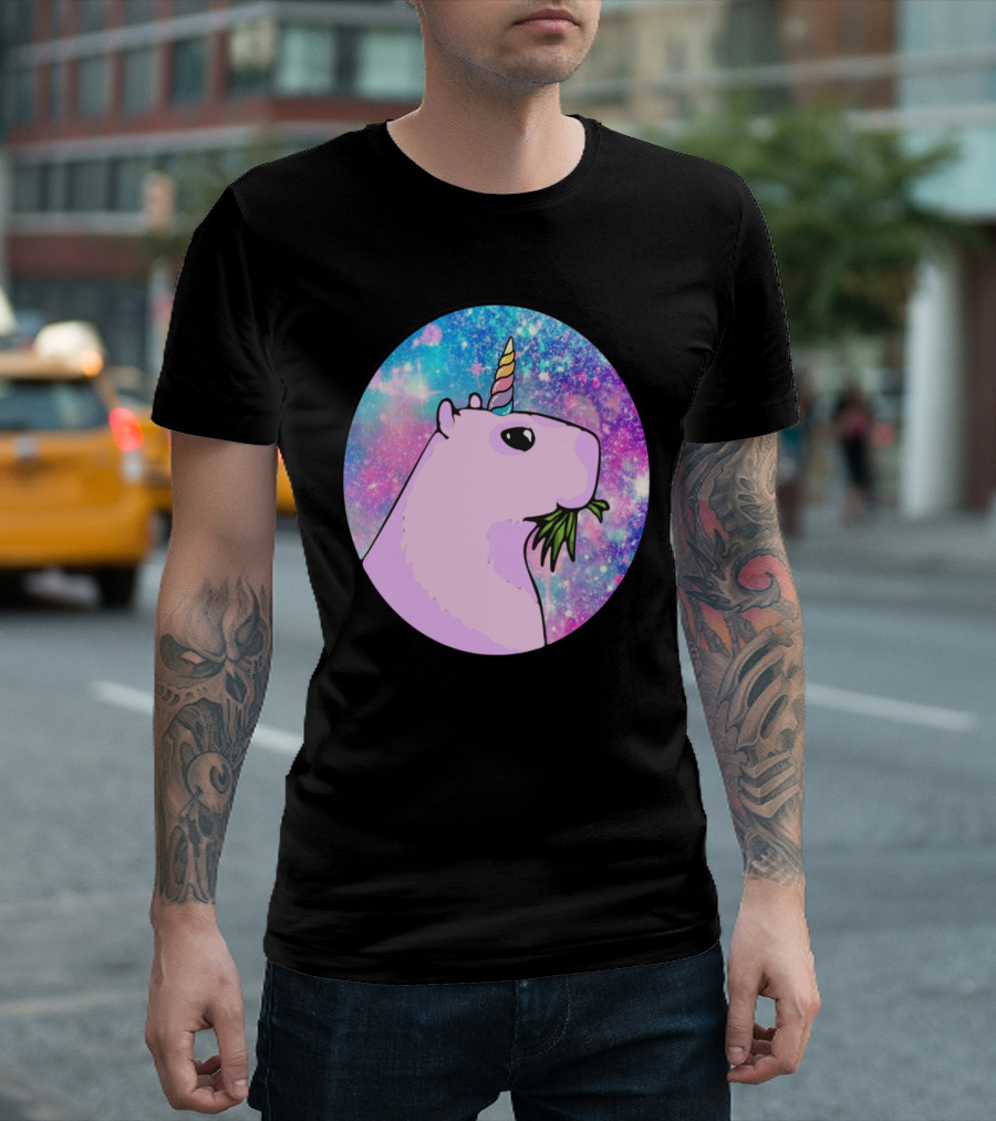 Majestic Capycorn Cosmic Capybara Unicorn Eating Greenery with Galaxy Background T-Shirt