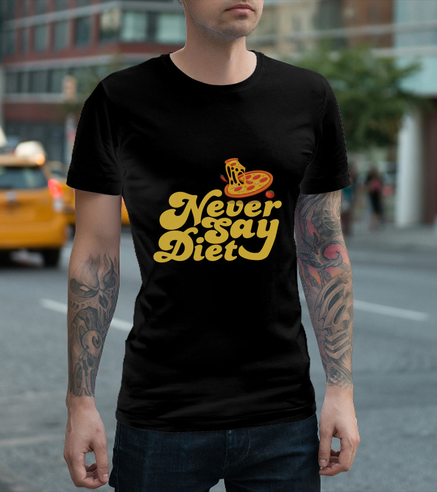 Never Say Diet Pizza Slice Illustration with Melting Cheese and Tomato Accents T-Shirt