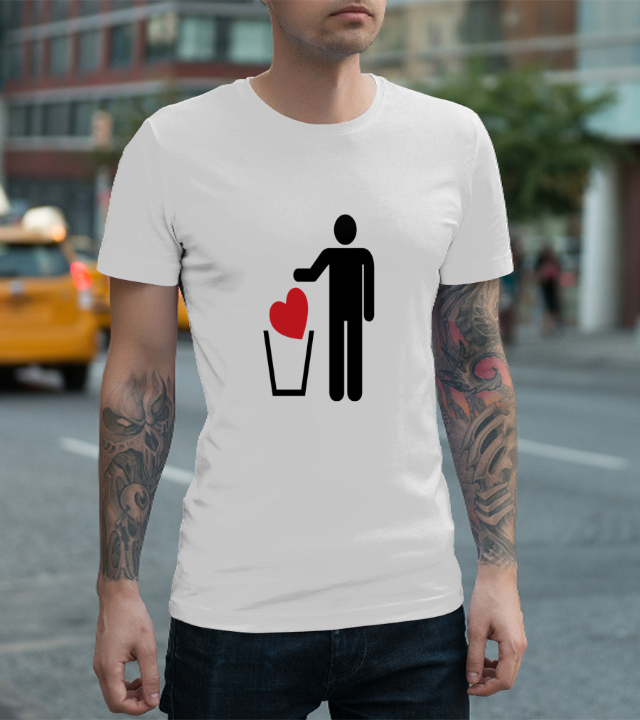 Human Figure Disposing Red Heart Emblem in Black Container T-Shirt
