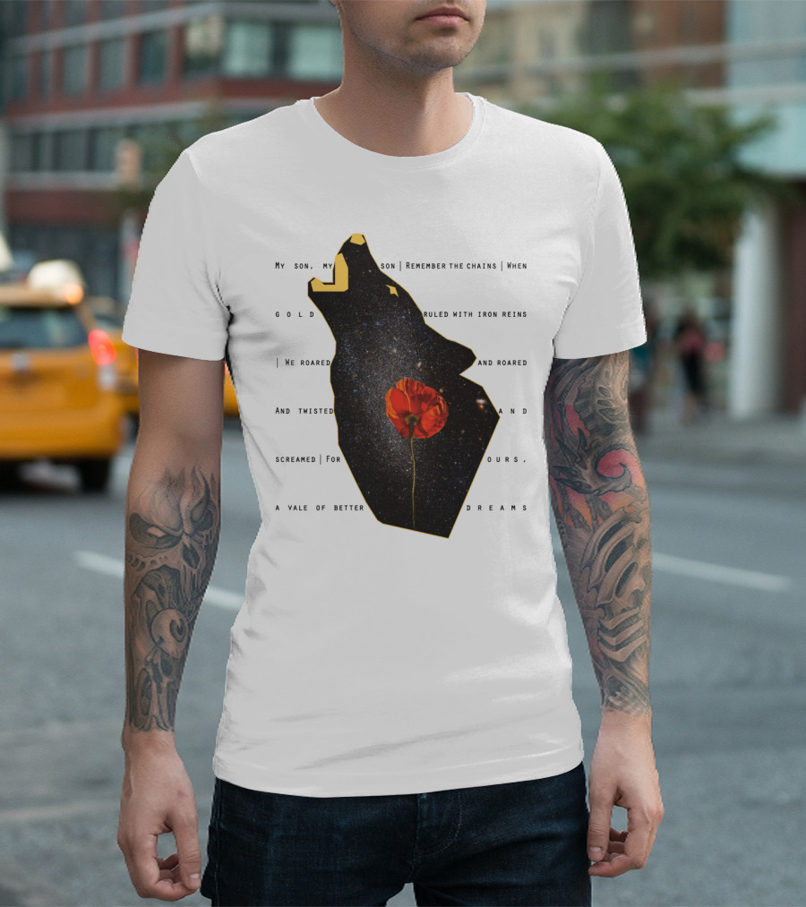 Omnis Vir Lupus Galaxy Wolf Silhouette With Red Poppy Flower And Cosmic Starry Night Sky T-Shirt