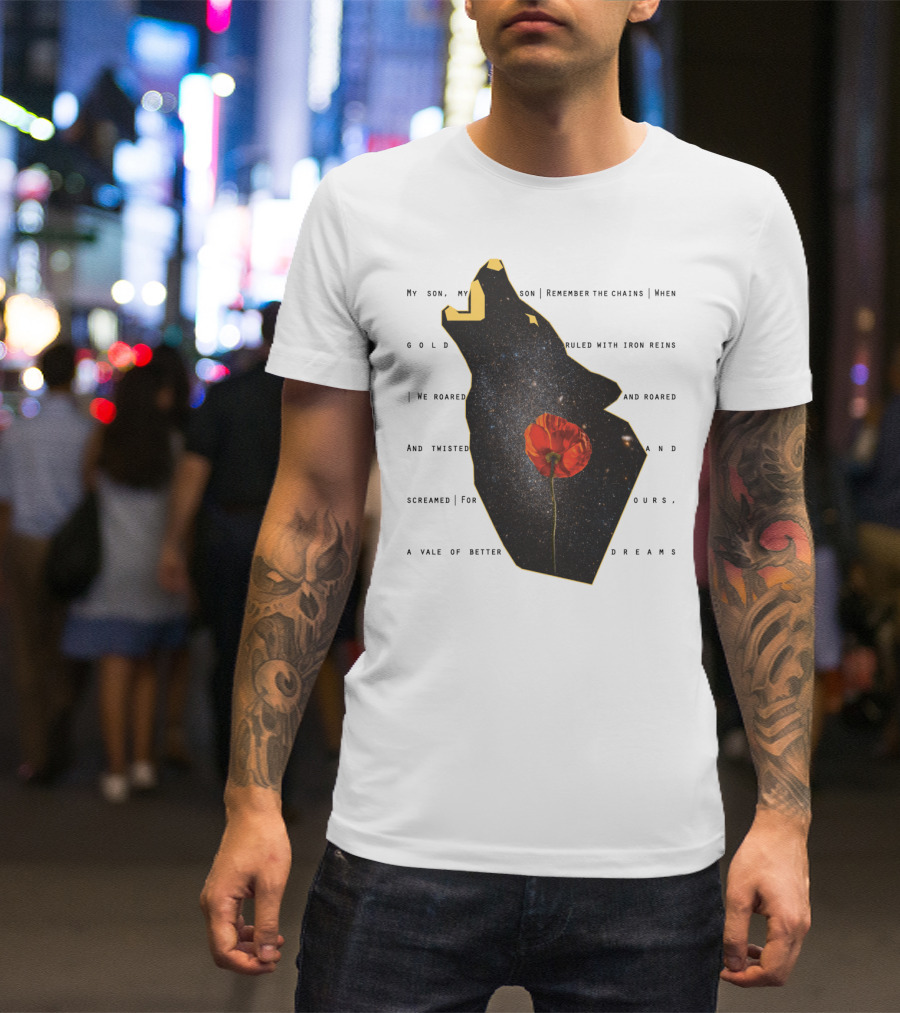 Omnis Vir Lupus Galaxy Wolf Silhouette With Red Poppy Flower And Cosmic Starry Night Sky T-Shirt