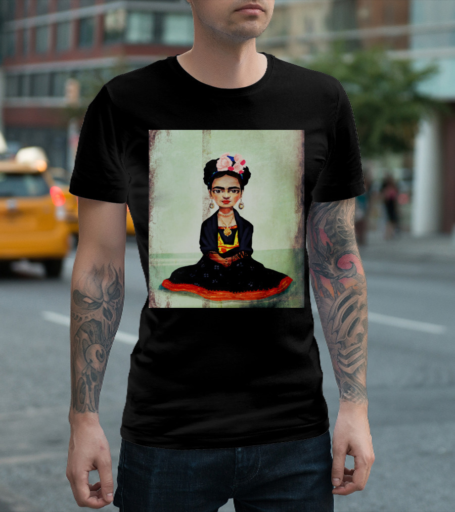 Frida Kahlo Iconic Portrait with Flower Crown and Traditional Mexican Dress T-Shirt