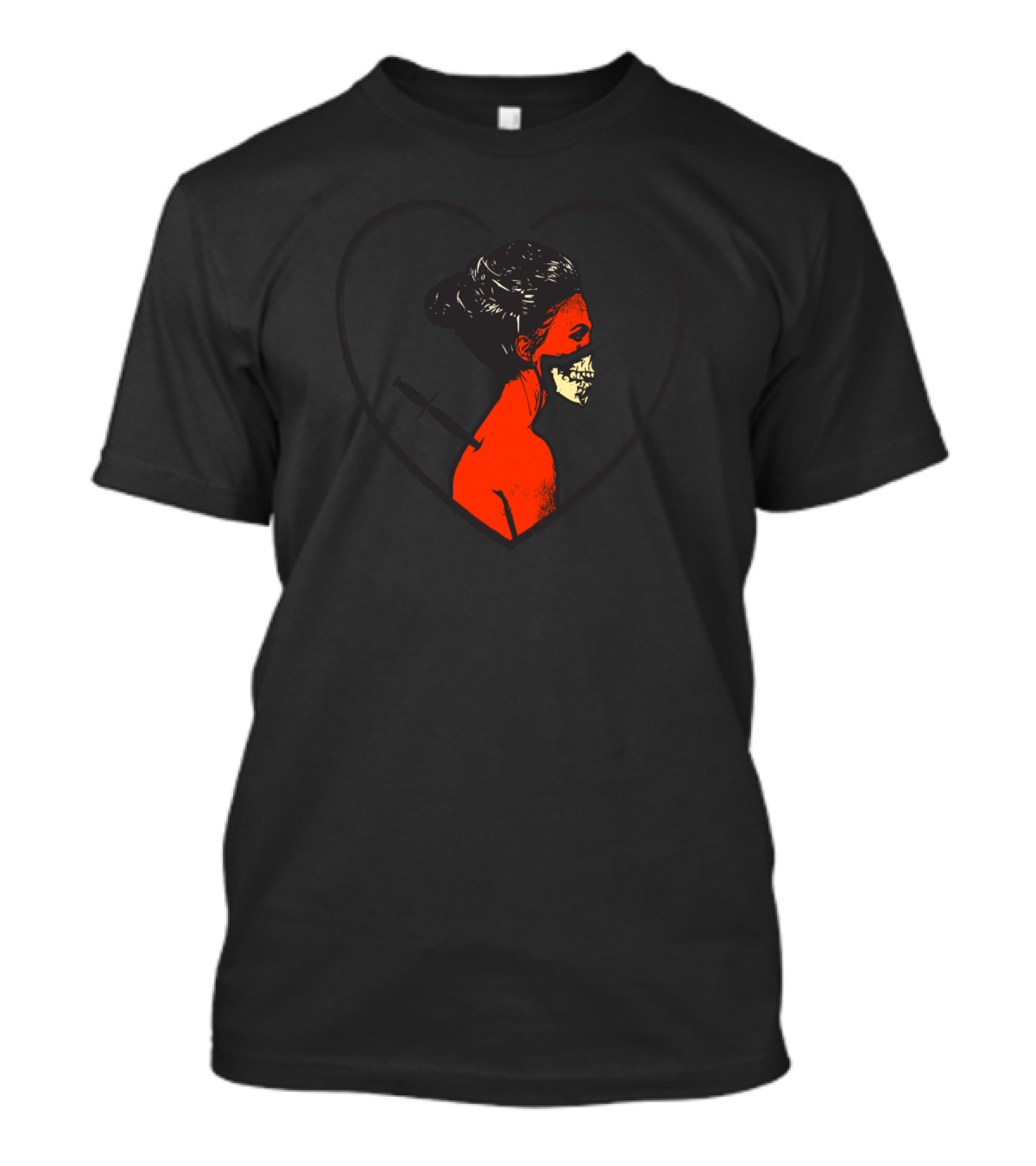 Love Hurts A Lot Heart Symbol With Red Woman And Skull Motif T-Shirt