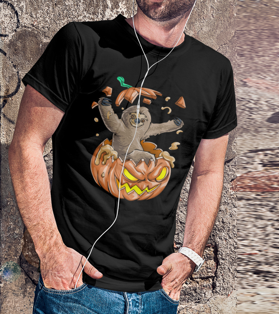 Sloth Emerging From Jack-O'-Lantern Pumpkin Halloween Fun T-Shirt