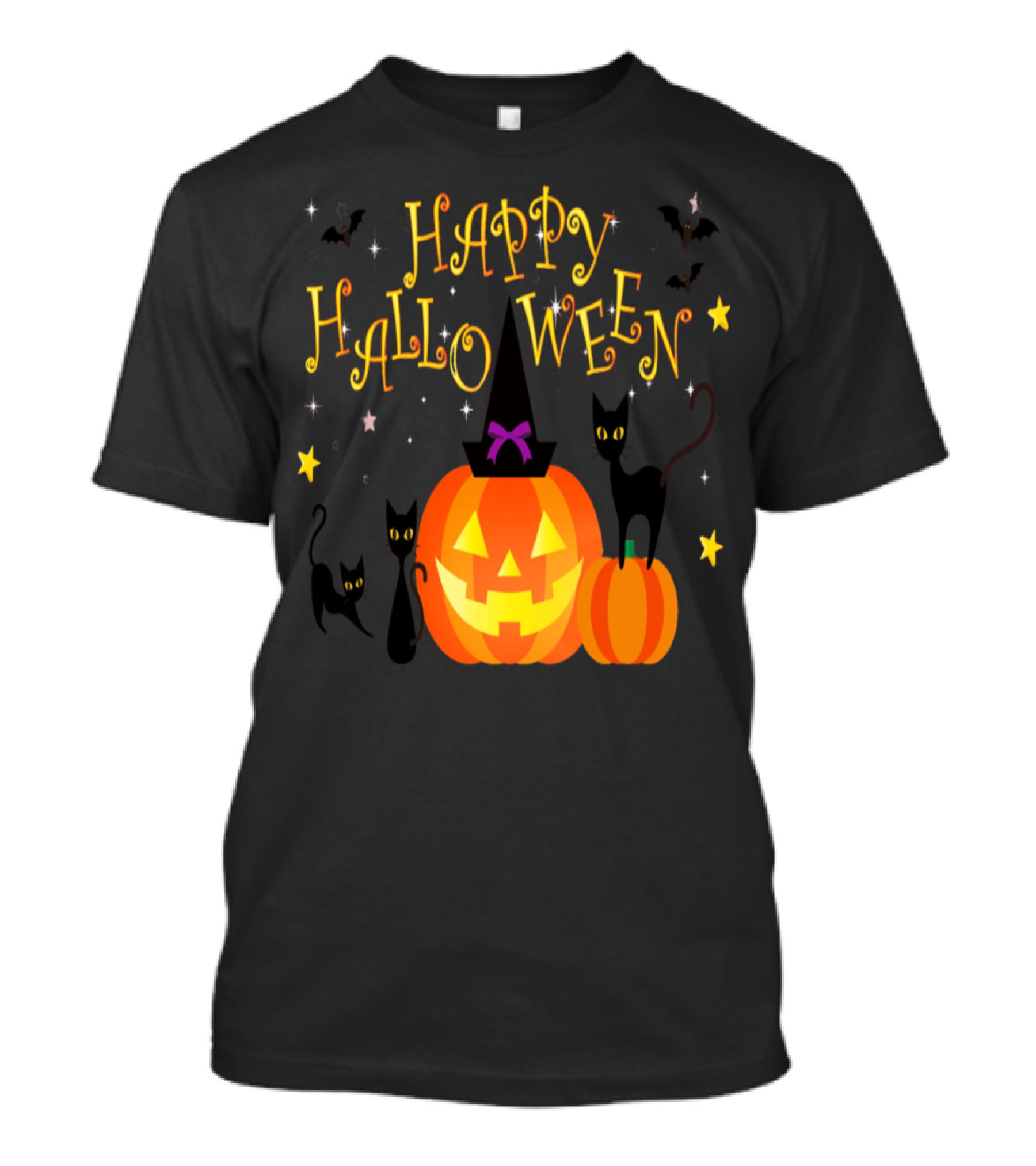 Happy Halloween Pumpkin With Witch Hat Black Cats And Bats Playful T-Shirt