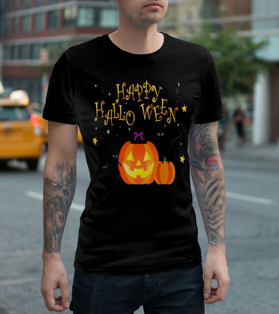 Happy Halloween Pumpkin With Witch Hat Black Cats And Bats Playful T-Shirt