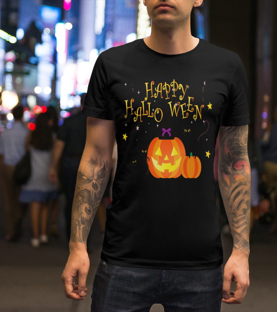 Happy Halloween Pumpkin With Witch Hat Black Cats And Bats Playful T-Shirt