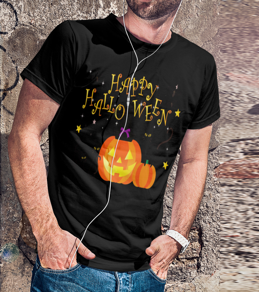 Happy Halloween Pumpkin With Witch Hat Black Cats And Bats Playful T-Shirt