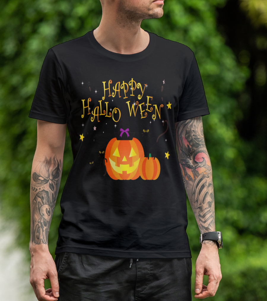 Happy Halloween Pumpkin With Witch Hat Black Cats And Bats Playful T-Shirt