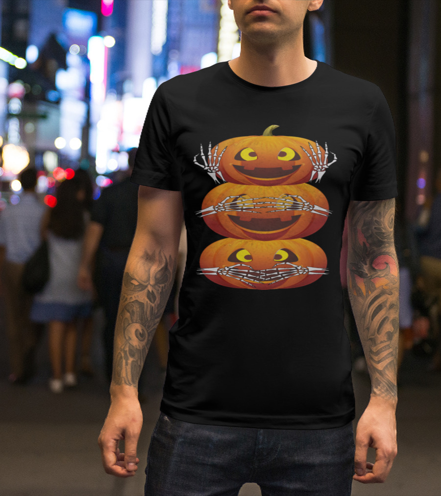 Halloween Pumpkin Skeleton Hear No Evil See No Evil Speak No Evil Pumpkin Spice T-Shirt
