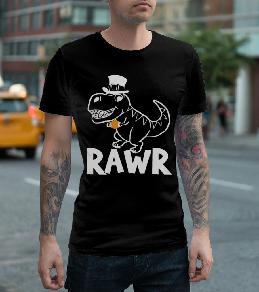 Rawr Dinosaur Pumpkin Wearing Pilgrim Hat T-Shirt
