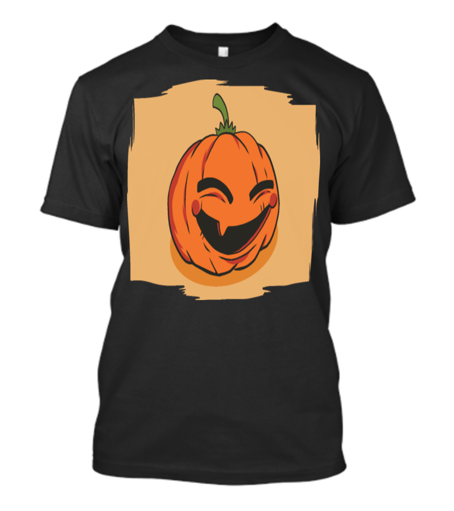 Cheerful Smiling Pumpkin Face With Green Stem And Orange Background T-Shirt