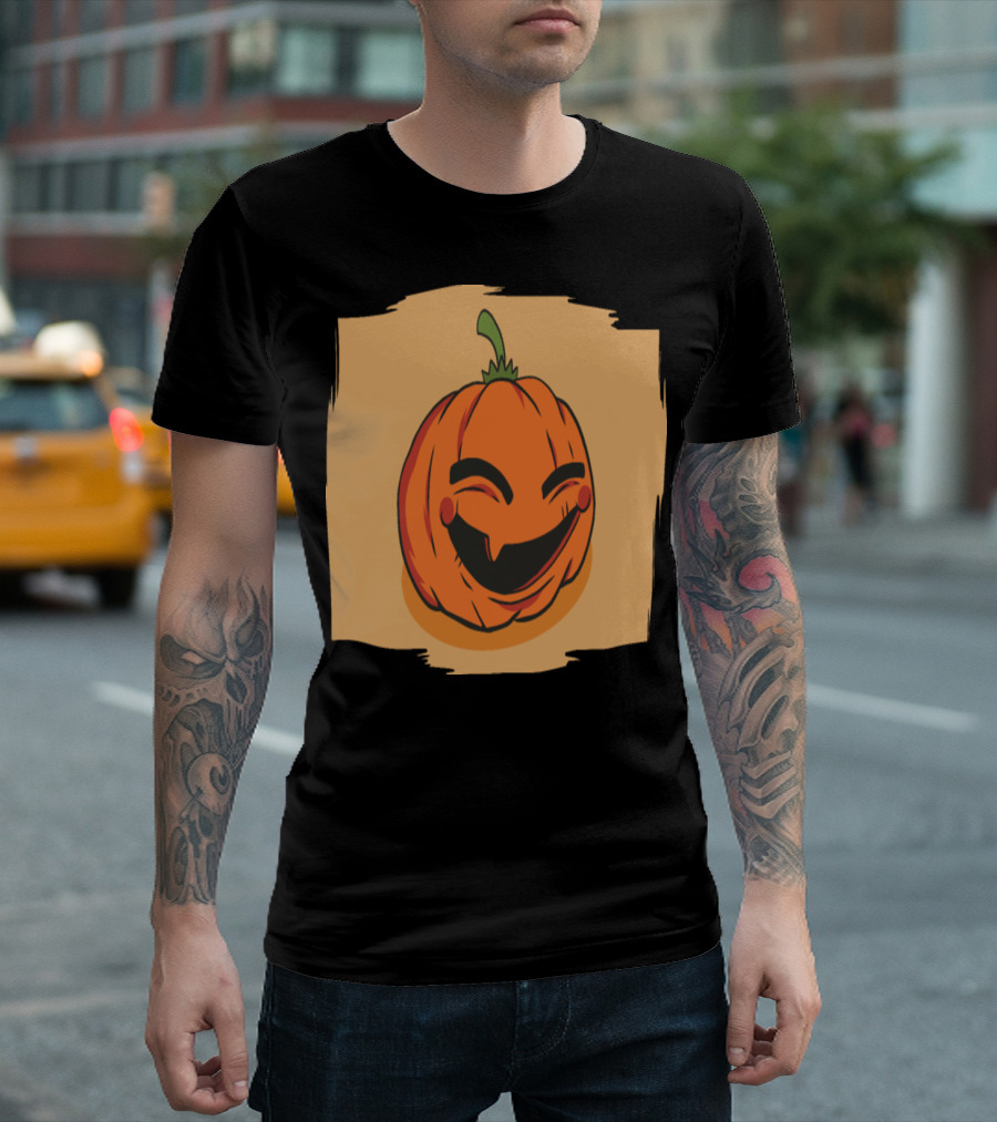 Cheerful Smiling Pumpkin Face With Green Stem And Orange Background T-Shirt