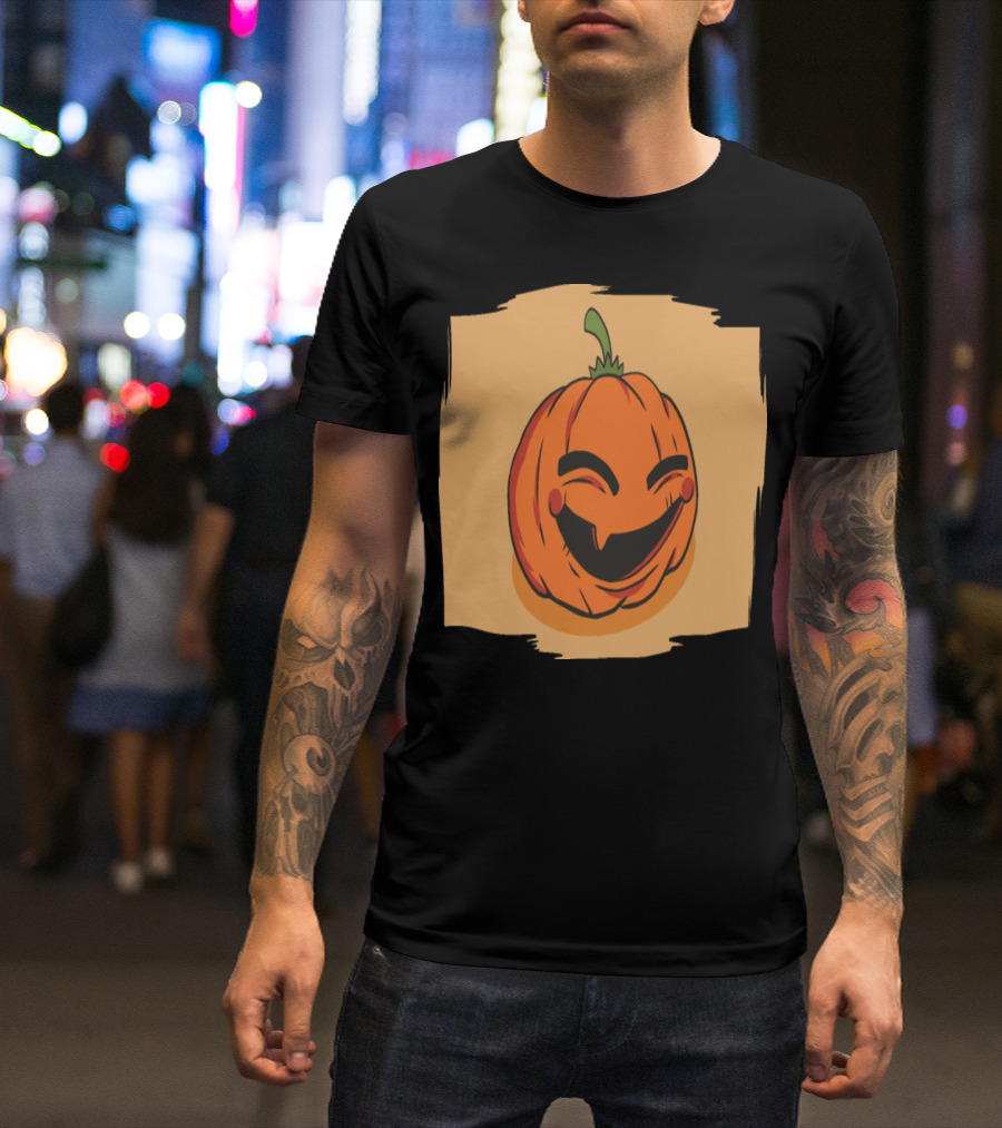 Cheerful Smiling Pumpkin Face With Green Stem And Orange Background T-Shirt
