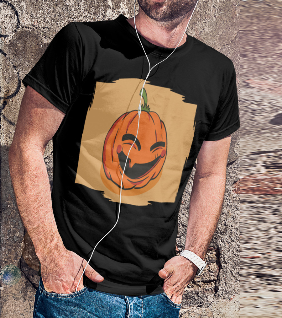 Cheerful Smiling Pumpkin Face With Green Stem And Orange Background T-Shirt