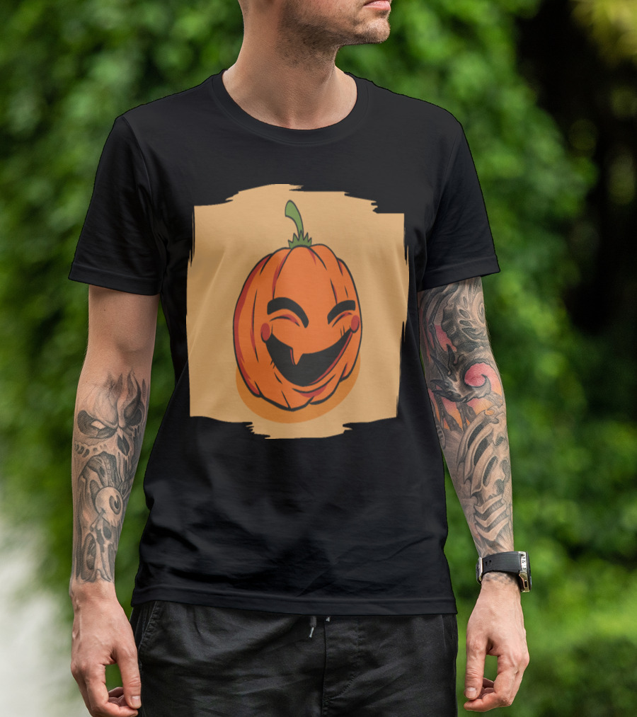 Cheerful Smiling Pumpkin Face With Green Stem And Orange Background T-Shirt