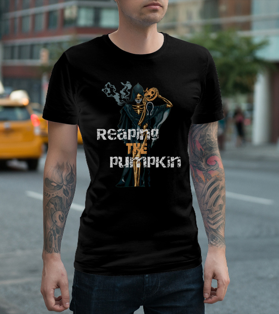 Reaping the Pumpkin Skeleton Grim Reaper with Scythe and Smoky Hood T-Shirt
