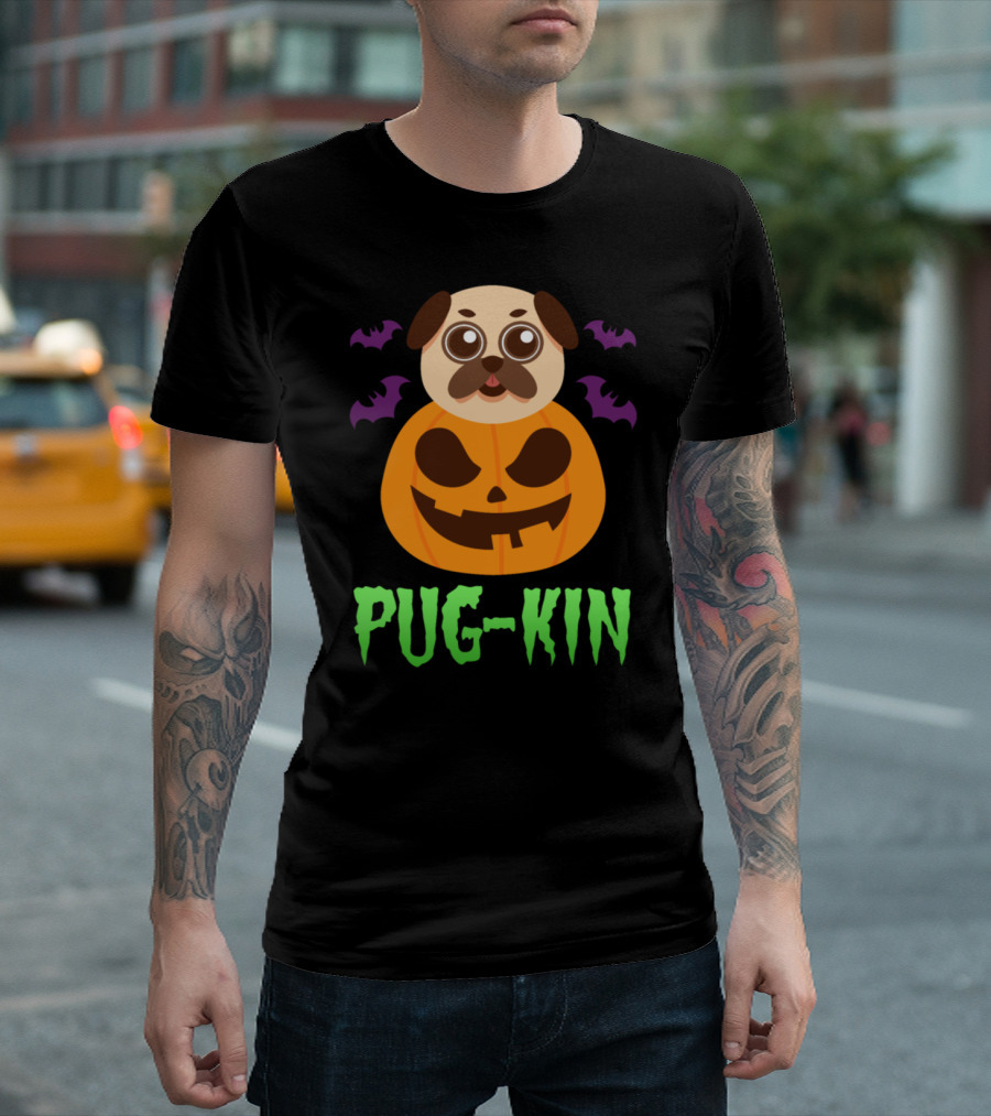 Pug-Kin Pug Inside Pumpkin with Purple Bats Halloween T-Shirt