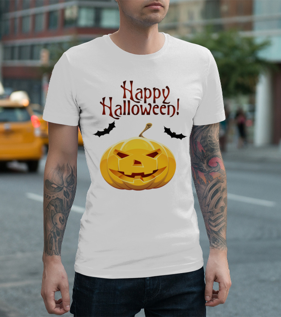 Happy Halloween Smile Pumpkin with Bats T-Shirt