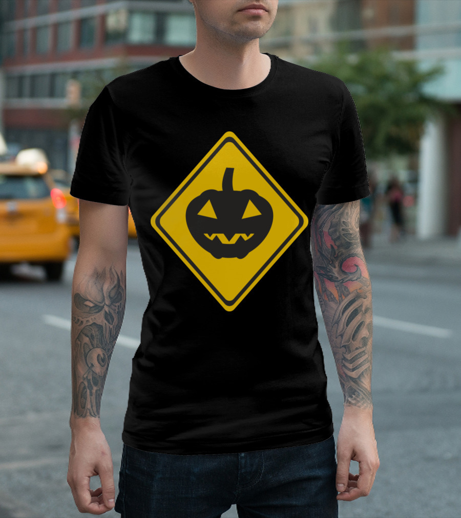 Halloween Pumpkin Face Warning Sign Icon On Yellow Diamond Background T-Shirt