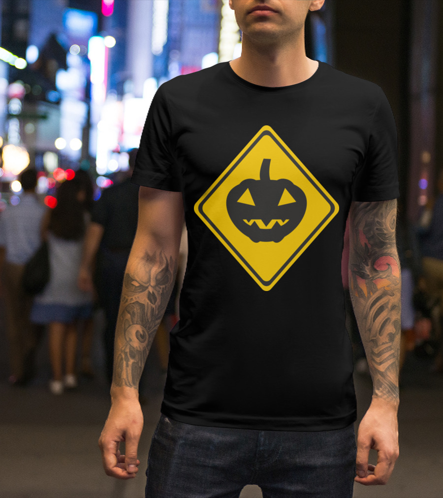 Halloween Pumpkin Face Warning Sign Icon On Yellow Diamond Background T-Shirt